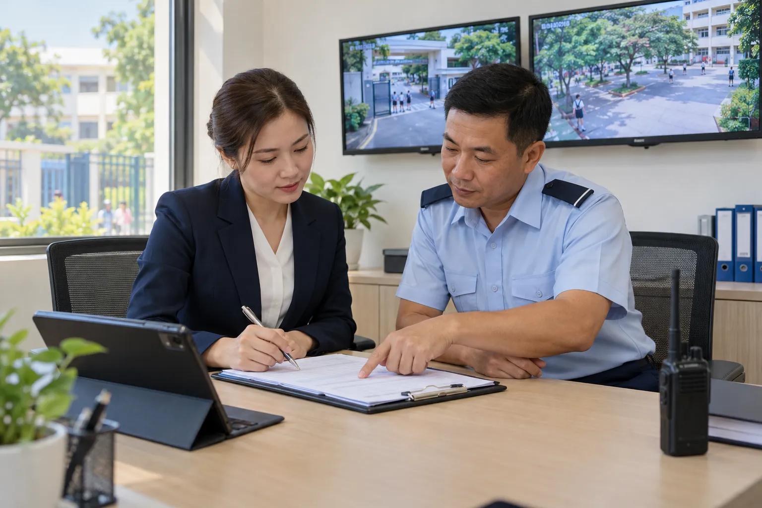 Đại diện nhà trường và giám sát an ninh cùng rà soát hồ sơ kiểm tra tại phòng có màn hình camera giám sát. (Ảnh minh họa)